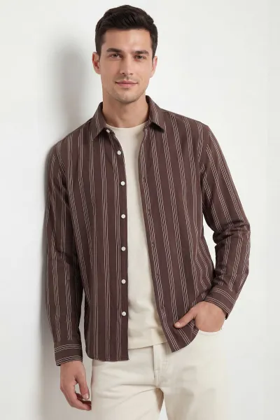 Kahverengi Relaxed Fit Çizgili Erkek Gömlek 435784