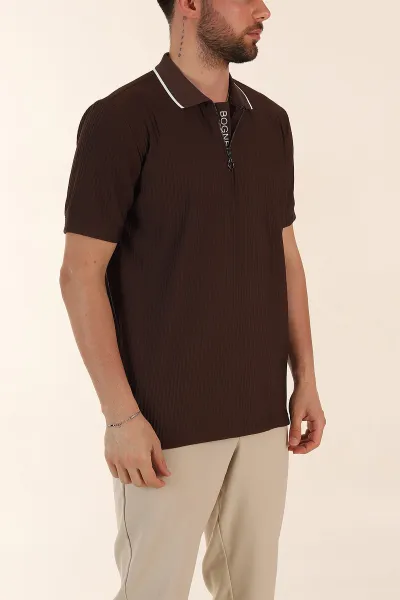 Kahverengi Relaxed Fit Çizgili Fermuarlı Polo Yaka Erkek Tişört 370339