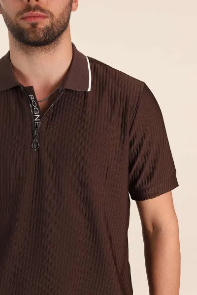 Kahverengi Relaxed Fit Çizgili Fermuarlı Polo Yaka Erkek Tişört 370339