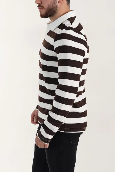 Kahverengi Relaxed Fit Çizgili Jakarlı Kumaş Erkek Triko Sweatshirt 399592