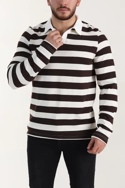 Kahverengi Relaxed Fit Çizgili Jakarlı Kumaş Erkek Triko Sweatshirt 399592
