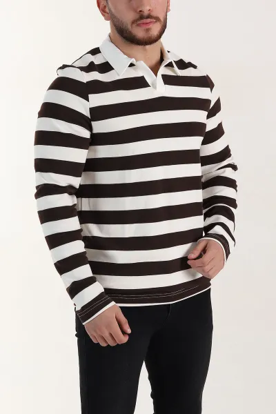 Kahverengi Relaxed Fit Çizgili Jakarlı Kumaş Erkek Triko Sweatshirt 399592