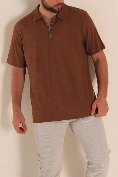 Kahverengi Relaxed Fit Desenli Fermuarlı Polo Yaka Erkek Tişört 279212