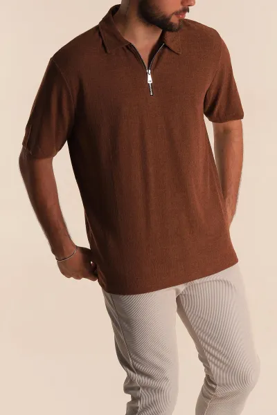 Kahverengi Relaxed Fit Desenli Fermuarlı Polo Yaka Erkek Tişört 279212