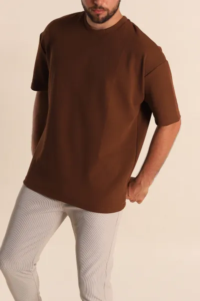Kahverengi Relaxed Fit Dokulu Basic Erkek Tişört 278885