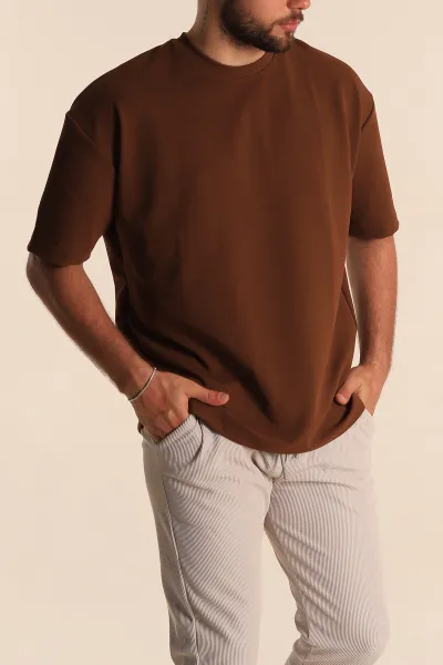 kahverengi-relaxed-fit-dokulu-basic-erkek-tisort-278885