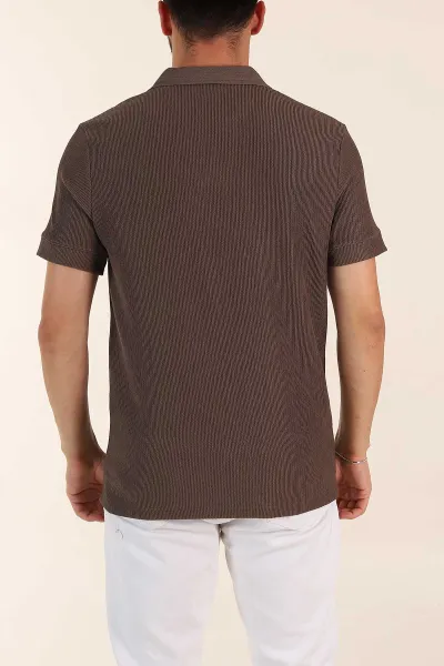 Kahverengi Relaxed Fit Dokulu Patlı Polo Yaka Erkek Tişört 370267