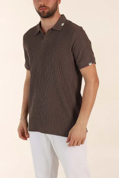 Kahverengi Relaxed Fit Dokulu Patlı Polo Yaka Erkek Tişört 370267