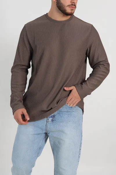 kahverengi-relaxed-fit-fitilli-doku-bisiklet-yaka-erkek-sweatshirt-314143