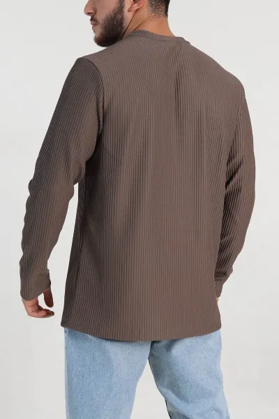 Kahverengi Relaxed Fit Fitilli Doku Bisiklet Yaka Erkek Sweatshirt 314143
