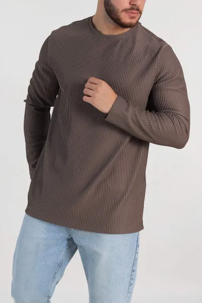 Kahverengi Relaxed Fit Fitilli Doku Bisiklet Yaka Erkek Sweatshirt 314143