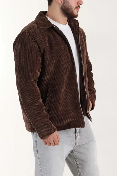 Kahverengi Relaxed Fit Fitilli Doku Erkek Kadife Mont 400393