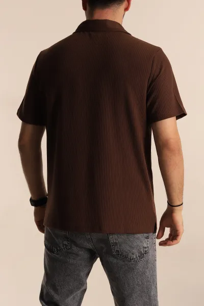 Kahverengi Relaxed Fit Fitilli Doku Fermuarlı Polo Yaka Erkek Tişört 268312