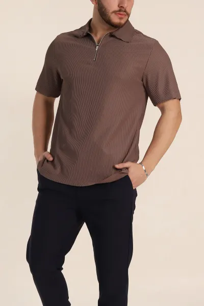 Kahverengi Relaxed Fit Fitilli Doku Fermuarlı Polo Yaka Erkek Tişört 348148