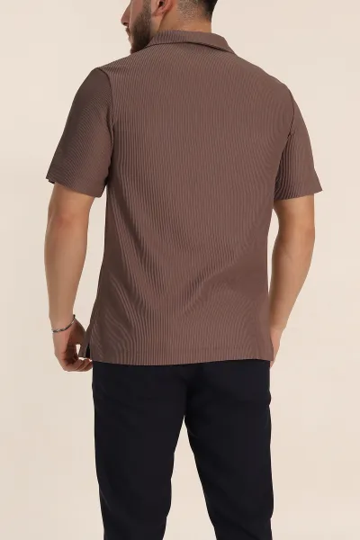 Kahverengi Relaxed Fit Fitilli Doku Fermuarlı Polo Yaka Erkek Tişört 348148