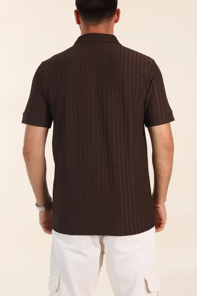 Kahverengi Relaxed Fit Fitilli Doku Fermuarlı Polo Yaka Erkek Tişört 373052