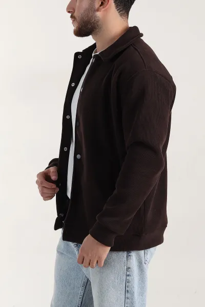Kahverengi Relaxed Fit Fitilli Doku İçi Polarlı Erkek Kadife Ceket 399997