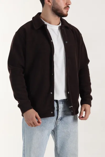 Kahverengi Relaxed Fit Fitilli Doku İçi Polarlı Erkek Kadife Ceket 399997
