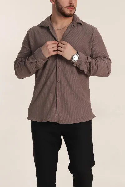 Kahverengi Relaxed Fit Fİtilli Doku Likralı Erkek Gömlek 350004