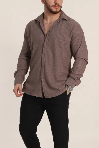 Kahverengi Relaxed Fit Fİtilli Doku Likralı Erkek Gömlek 350004