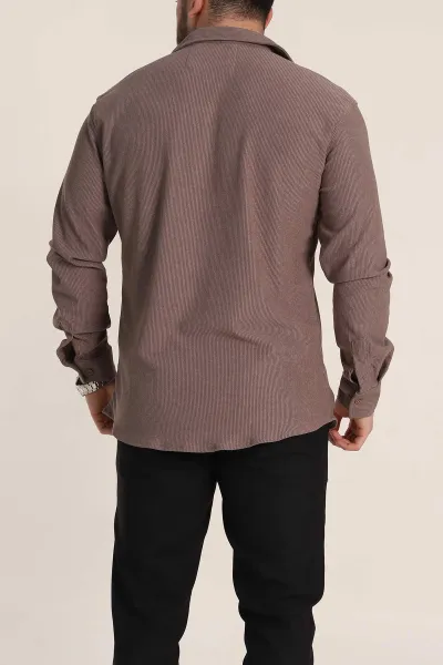 Kahverengi Relaxed Fit Fİtilli Doku Likralı Erkek Gömlek 350004