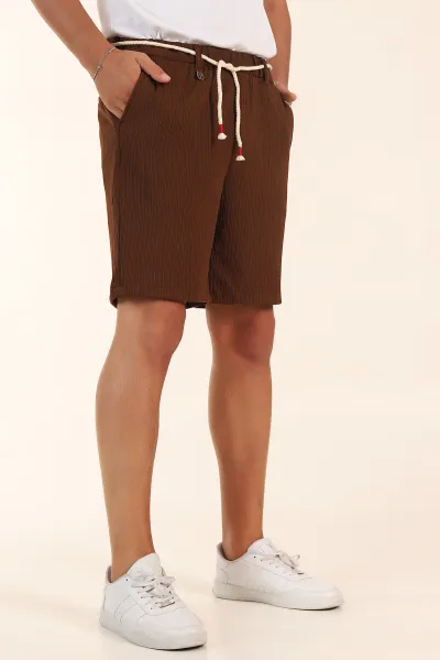 Kahverengi Relaxed Fit Fitilli Doku Likralı Erkek Şort 380976