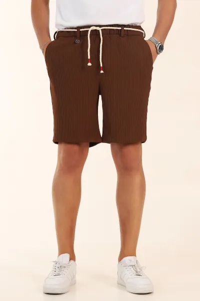 Kahverengi Relaxed Fit Fitilli Doku Likralı Erkek Şort 380976