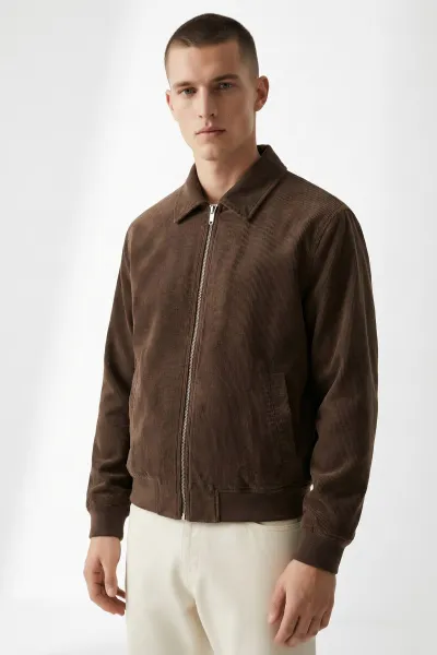 Kahverengi Relaxed Fit Fitilli Dokulu İçi Astarlı Bel Lastikli Erkek Ceket 418936