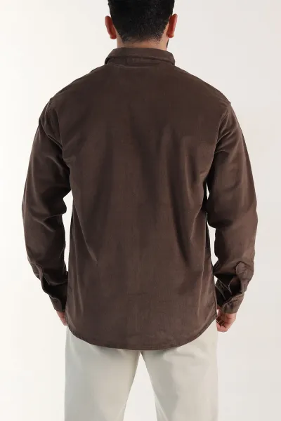 Kahverengi Relaxed Fit Fitilli Kadife Ata Yaka Erkek Gömlek 400086