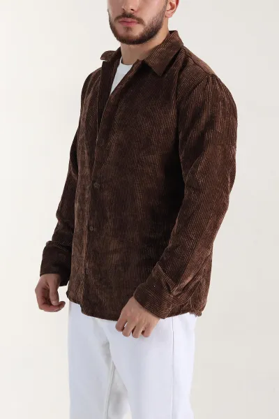 Kahverengi Relaxed Fit Fitilli Kadife Erkek Gömlek 399749