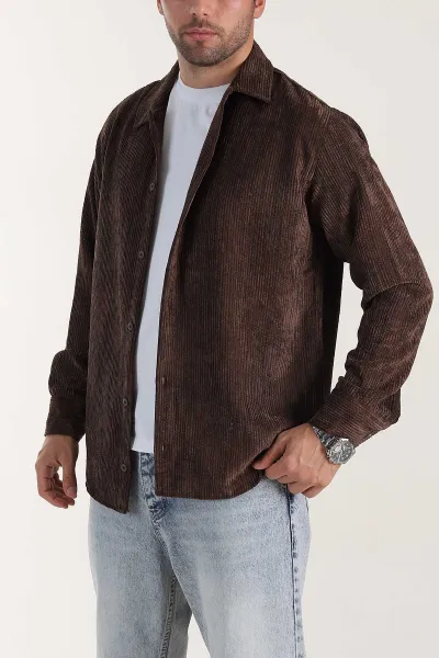 Kahverengi Relaxed Fit Fitilli Kadife Erkek Gömlek 399966