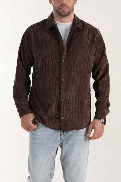 Kahverengi Relaxed Fit Fitilli Kadife Erkek Gömlek 399966
