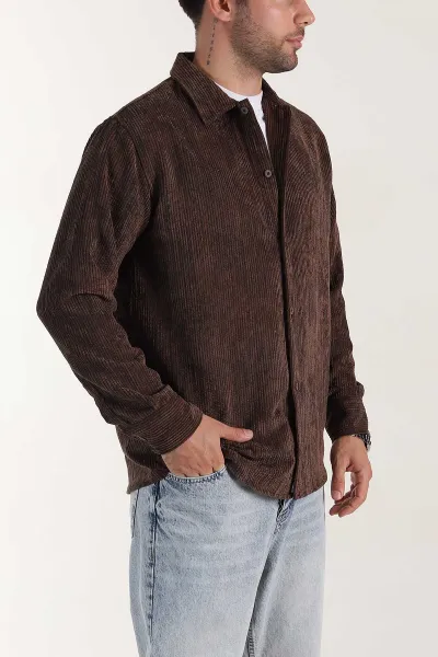 Kahverengi Relaxed Fit Fitilli Kadife Erkek Gömlek 399966