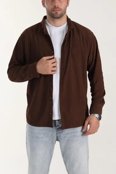 Kahverengi Relaxed Fit Fitilli Kadife Erkek Gömlek 400094