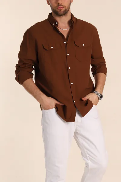 Kahverengi Relaxed Fit Gabardin Çift Cep Detaylı Ata Yaka Erkek Gömlek 339105