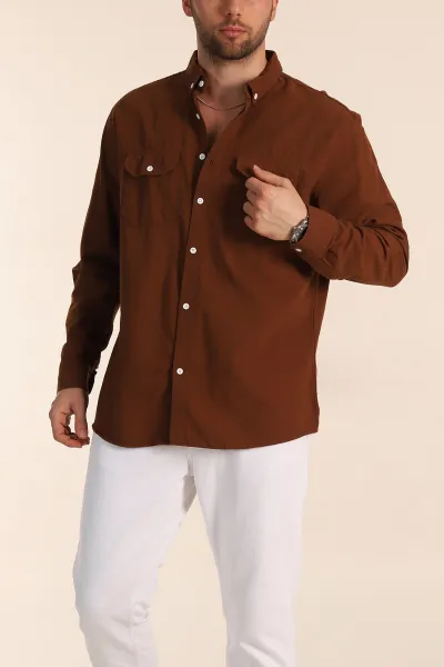 Kahverengi Relaxed Fit Gabardin Çift Cep Detaylı Ata Yaka Erkek Gömlek 339105