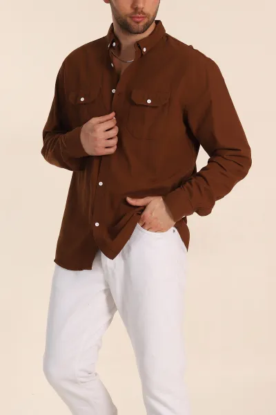 Kahverengi Relaxed Fit Gabardin Çift Cep Detaylı Ata Yaka Erkek Gömlek 339105