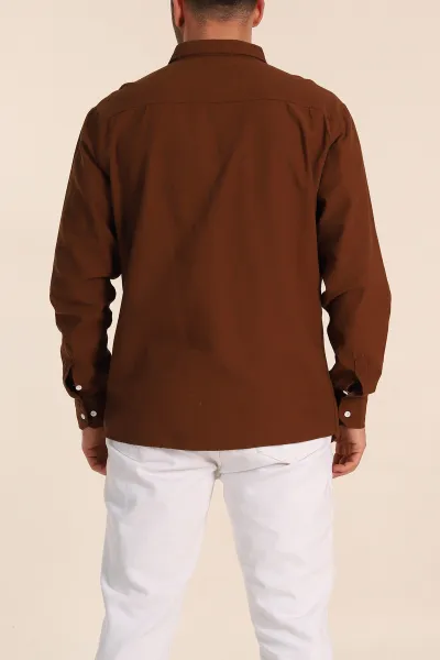 Kahverengi Relaxed Fit Gabardin Çift Cep Detaylı Ata Yaka Erkek Gömlek 339105