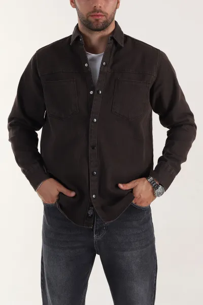 Kahverengi Relaxed Fit Gabardin Çift Cepli Yıkamalı  Erkek Gömlek 397973