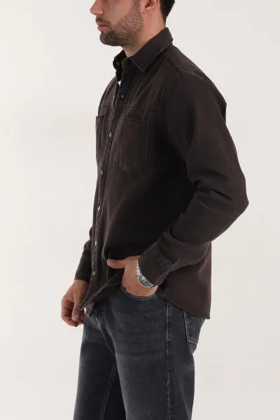 Kahverengi Relaxed Fit Gabardin Çift Cepli Yıkamalı  Erkek Gömlek 397973