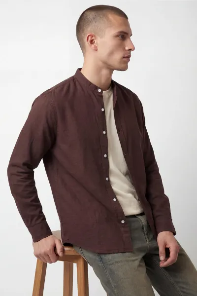 Kahverengi Relaxed Fit Hakim Yaka Uzun Kollu Erkek Gömlek 445647