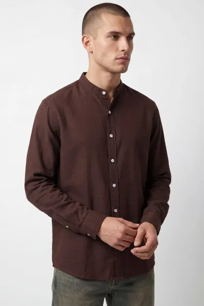 Kahverengi Relaxed Fit Hakim Yaka Uzun Kollu Erkek Gömlek 445647