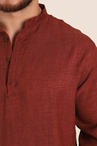 Kahverengi Relaxed Fit Hakim Yaka Yarım Düğmeli Erkek Gömlek 369853