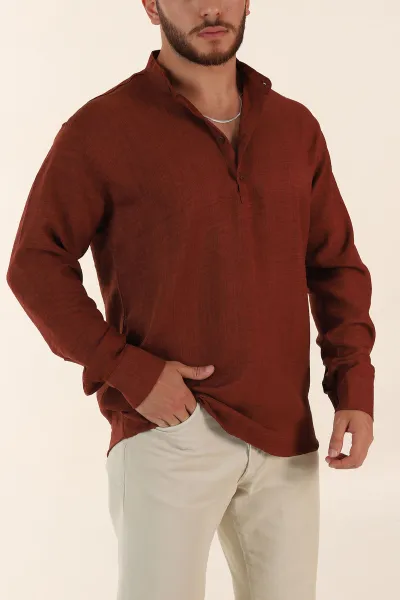 kahverengi-relaxed-fit-hakim-yaka-yarim-dugmeli-erkek-gomlek-369853
