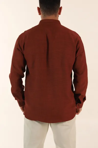 Kahverengi Relaxed Fit Hakim Yaka Yarım Düğmeli Erkek Gömlek 369853