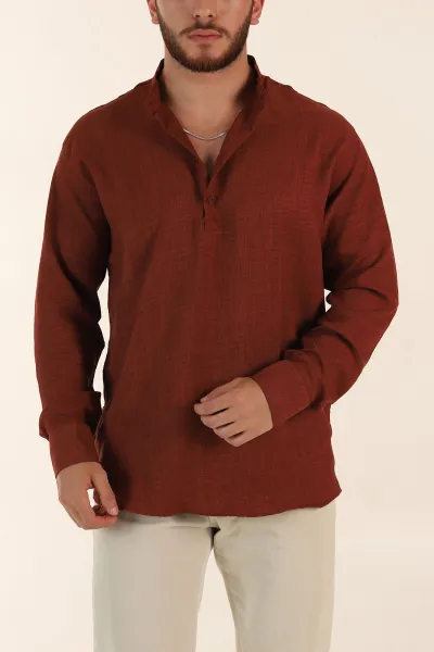 Kahverengi Relaxed Fit Hakim Yaka Yarım Düğmeli Erkek Gömlek 369853