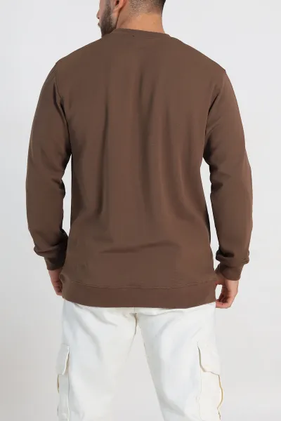 Kahverengi Relaxed Fit İki İp Şardonlu Yazı Detay Likralı Erkek Sweatshirt 311201