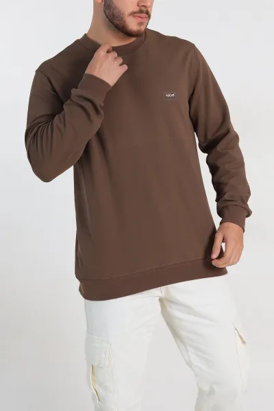 Kahverengi Relaxed Fit İki İp Şardonlu Yazı Detay Likralı Erkek Sweatshirt 311201