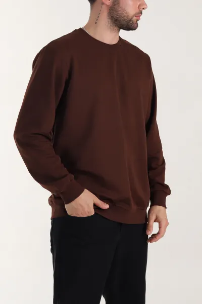 Kahverengi Relaxed Fit İki İp Şardonsuz Basic Erkek Sweatshirt 411797