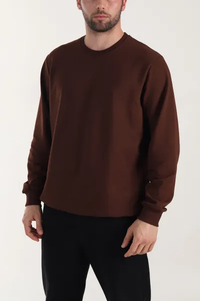 Kahverengi Relaxed Fit İki İp Şardonsuz Basic Erkek Sweatshirt 411797